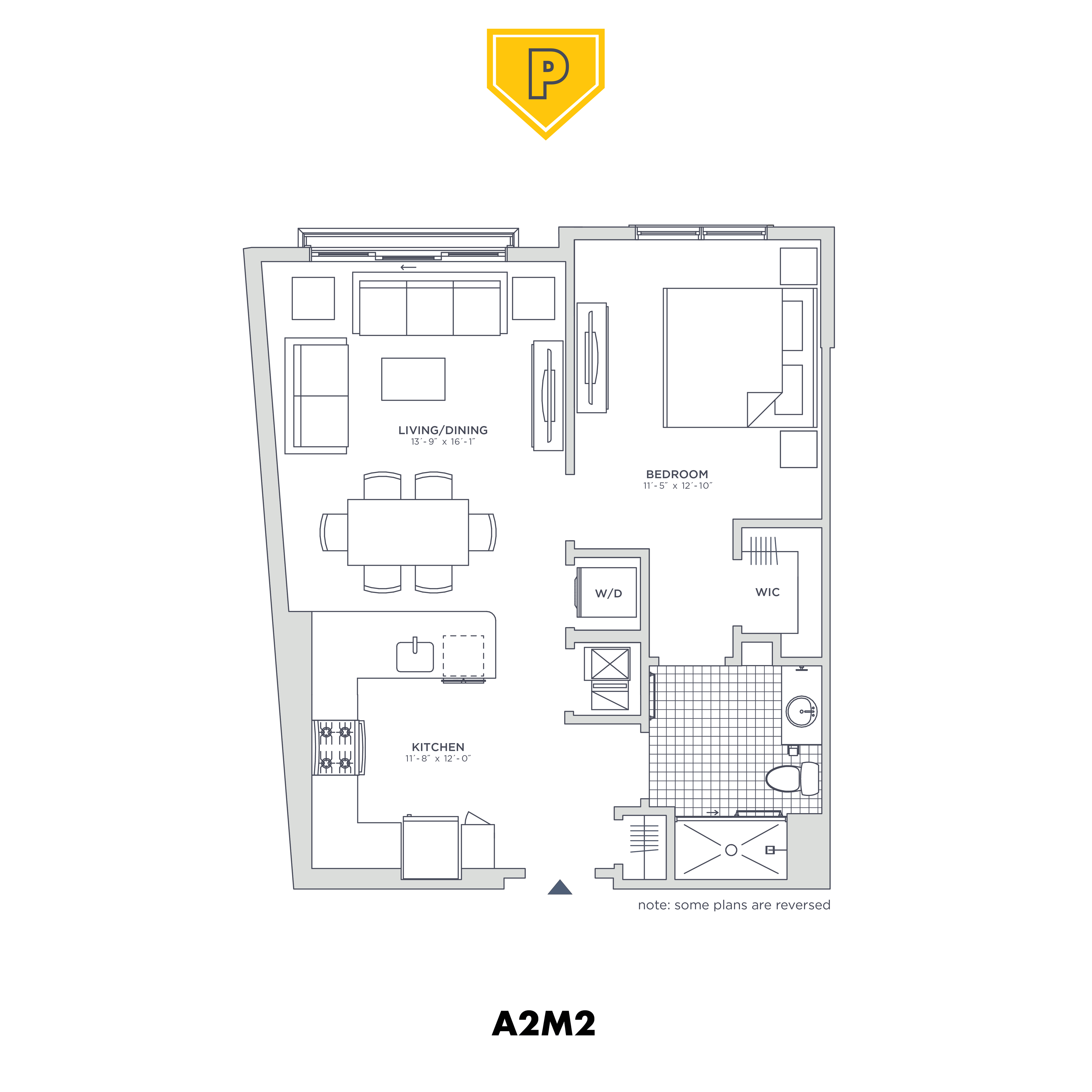 Floor plan for 1 bed, 1 bath, 740 sqft
